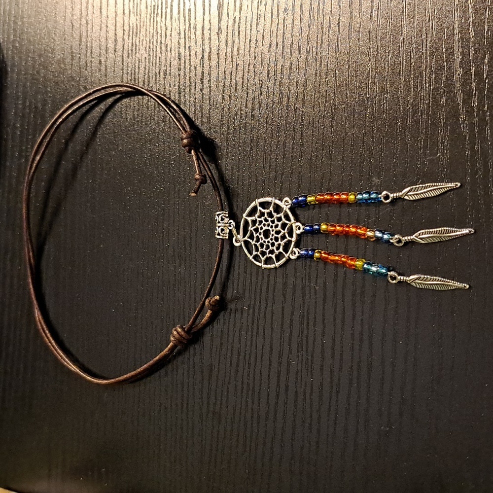 Beaded Boho Dreamcatcher Pendant, Antique Silver Adjustable Leather Cord.